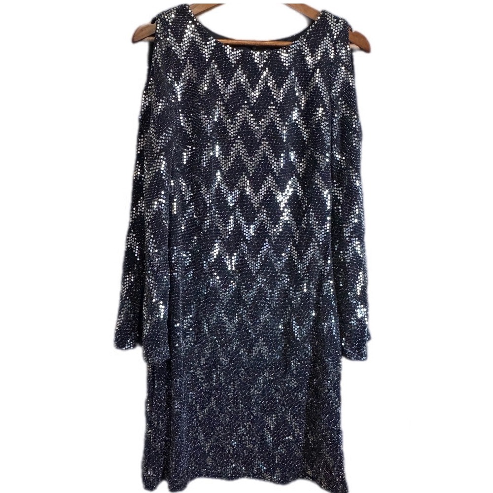 Jessica Howard Sequin Cold Shoulder Dress women 10 Navy Silver Excellent Zig Zag